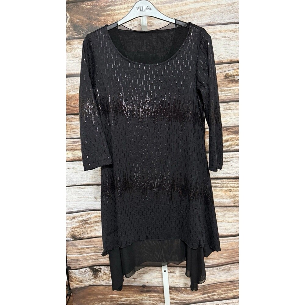 Staples Womens Small Black Sequin Top Y2K 3/4 Sleeve Tunic